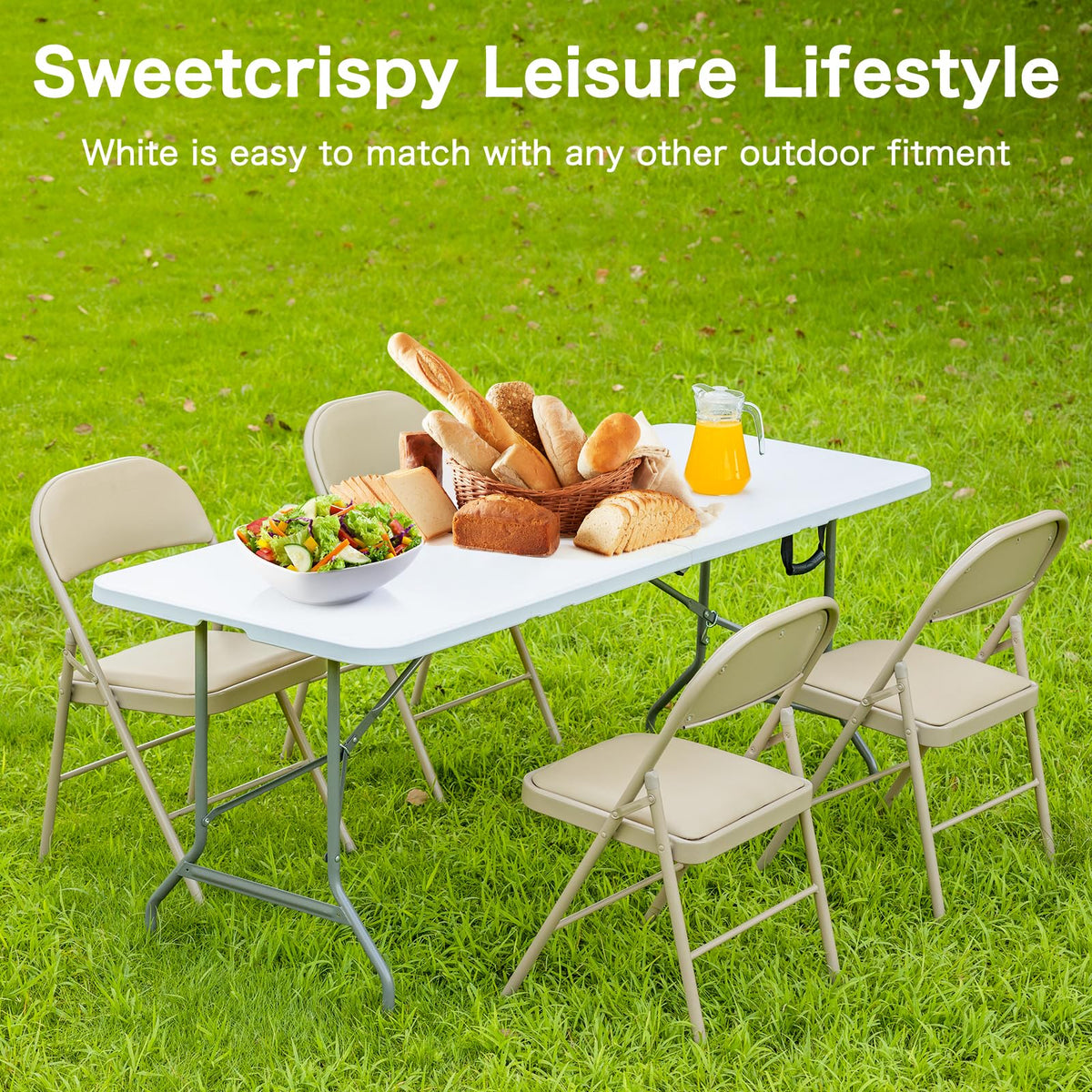Sweetcrispy 122 cm Folding Picnic Table with Carrying Handle Basic White